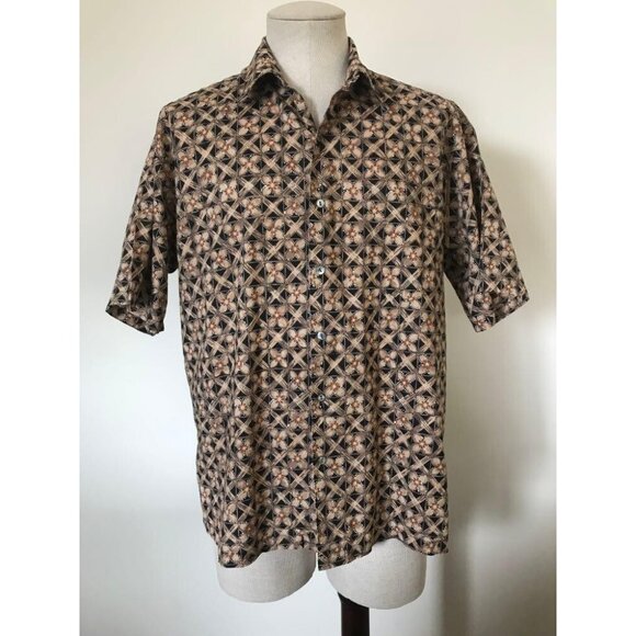 TORI RICHARD Short Sleeve Shirt Size Large Hawaiian Cotton Lawn Black Tan Print - Picture 1 of 8